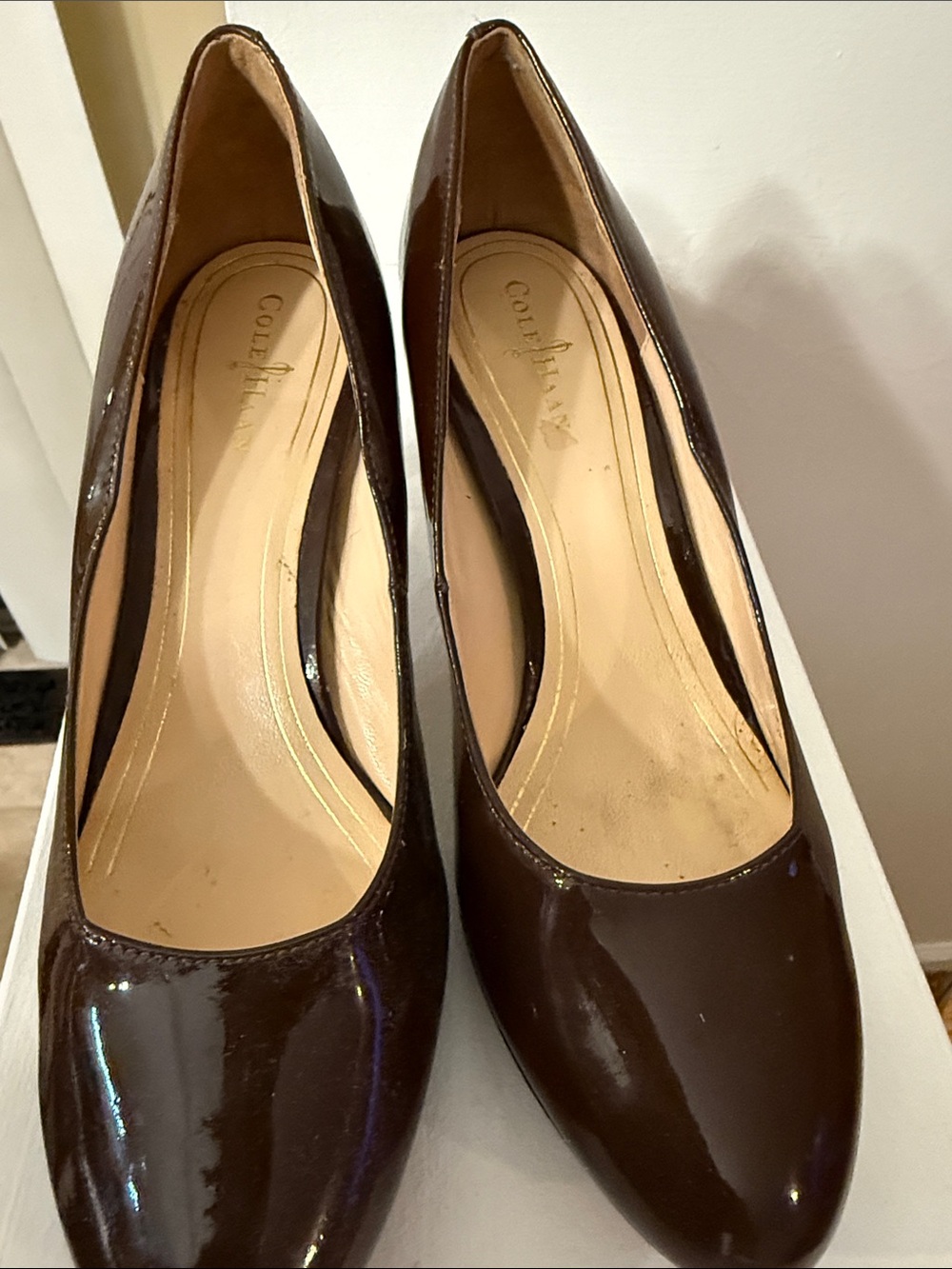 Cole Haan Dark Brown Patent Leather Rounded-Toe Pumps
